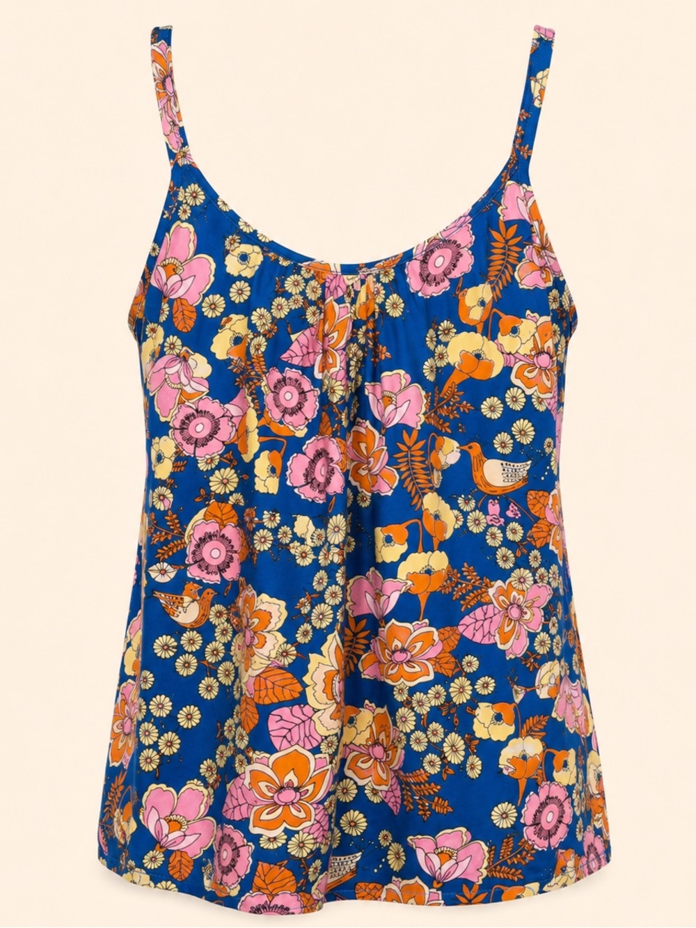 Emery Rose Floral Bird Print Sleeveless Tank Top Size S Blue Pink Orange Boho